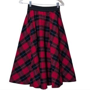 Vintage Women's High Elastic Waist Tartan Midi Skirt Red Black Plaid size 7/8